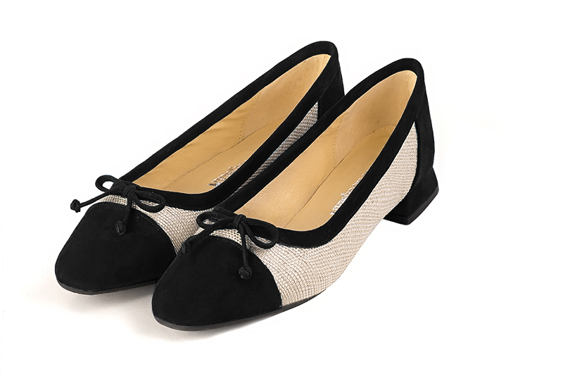 Matt black and natural beige women's ballet pumps, with low heels. Square toe. Flat flare heels. Front view - Florence KOOIJMAN